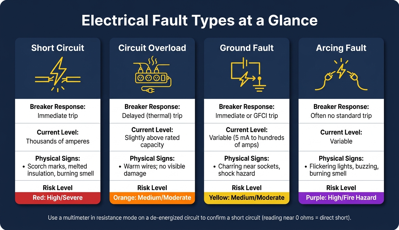 Electrical Fault Types: Short Circuit vs Overload vs Ground Fault vs Arcing