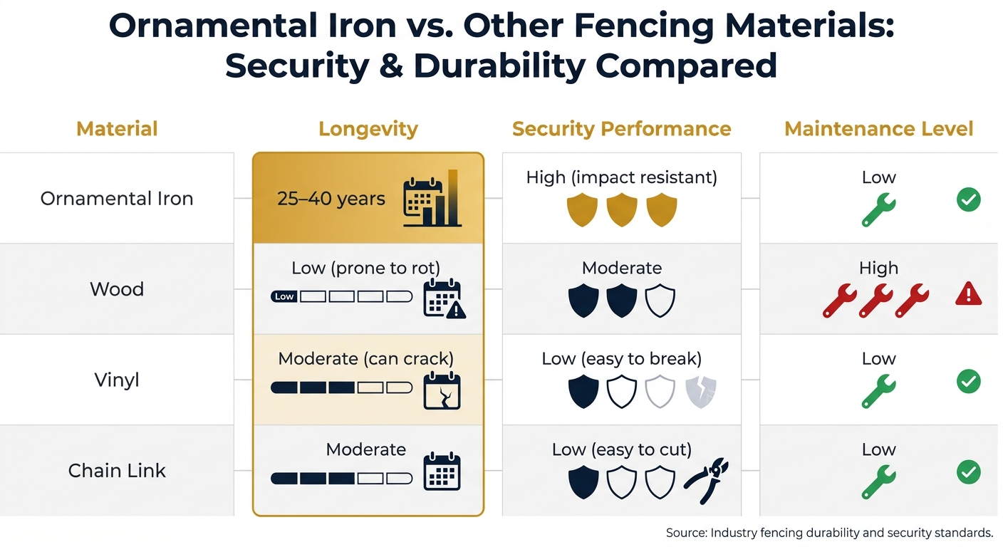 Ornamental Iron vs. Other Fencing Materials: Security & Durability Compared