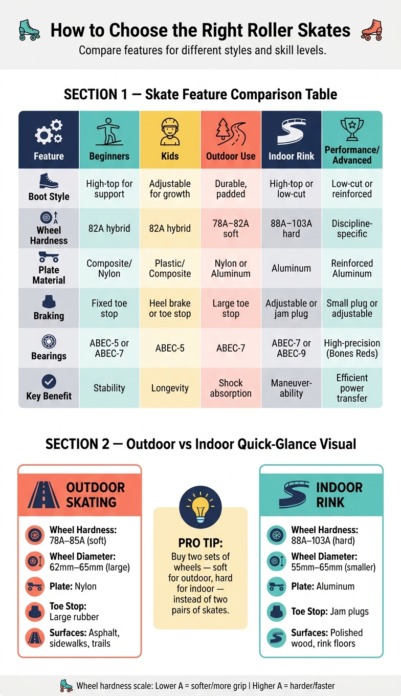 Roller Skates Comparison Guide: Skill Level, Surface & Key Features