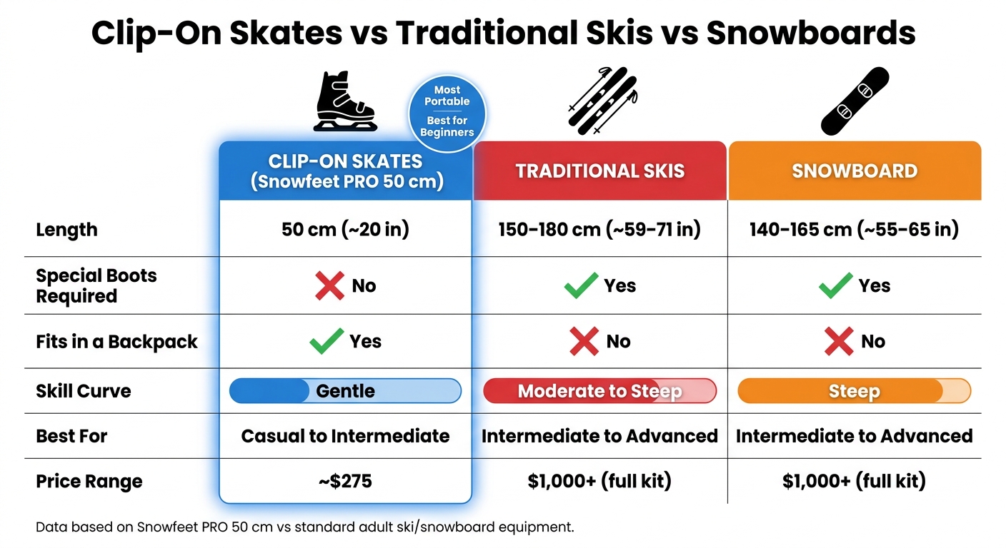 Clip-On Skates vs Traditional Skis vs Snowboards: Full Comparison