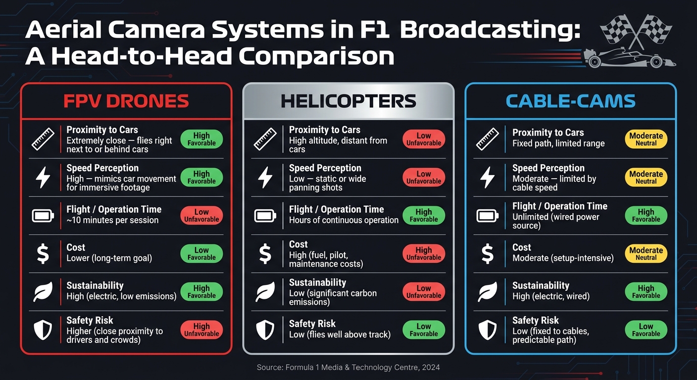 FPV Drones vs. Helicopters vs. Cable-Cams in F1 Broadcasting