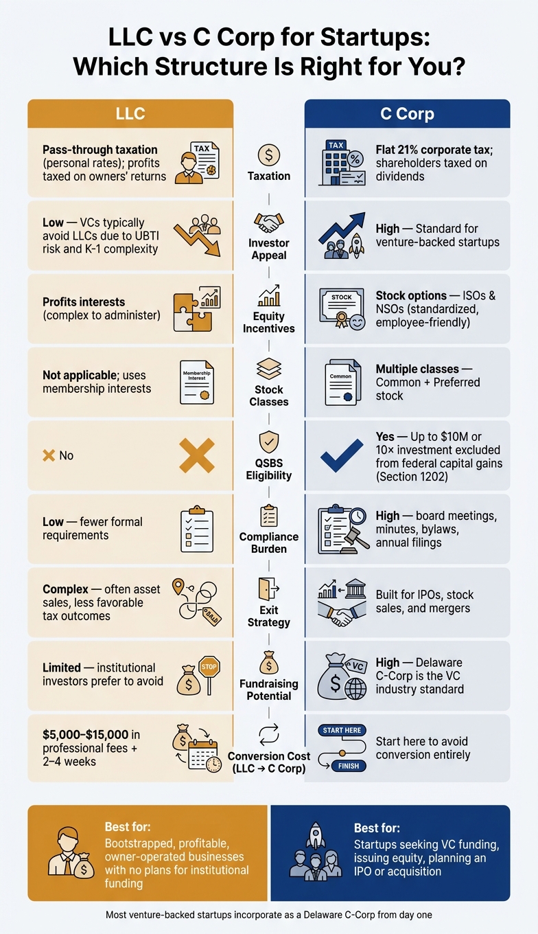 LLC vs C Corp for Startups: Side-by-Side Comparison