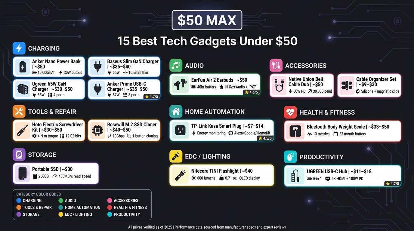 15 Best Tech Gadgets Under $50: Features & Specs at a Glance
