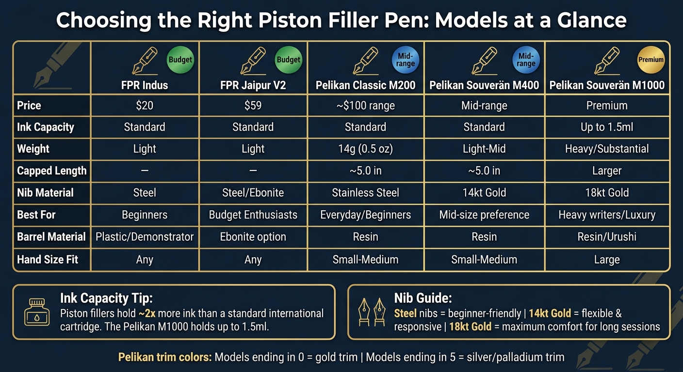 Piston Filler Pen Comparison: Models, Capacity & Key Specs