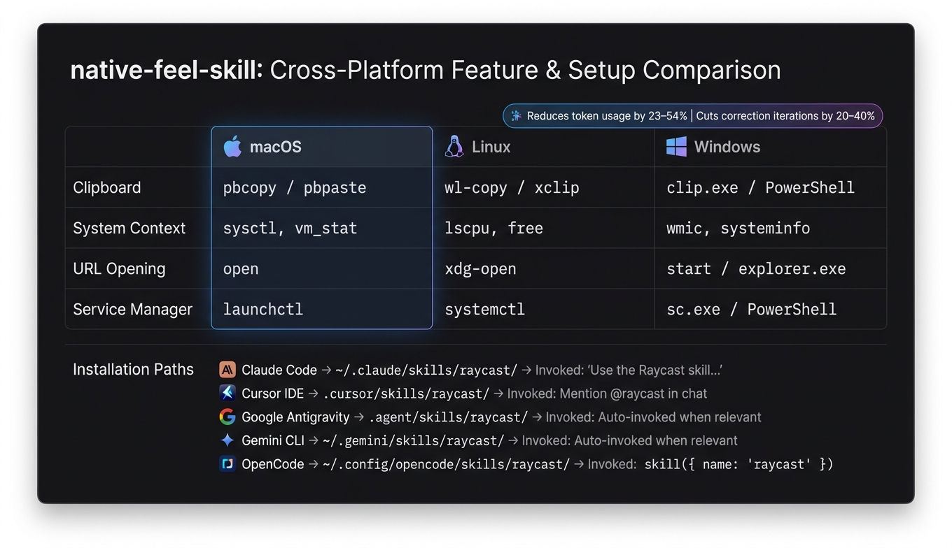 native-feel-skill cross-platform setup and feature comparison table for macOS, Linux, and Windows