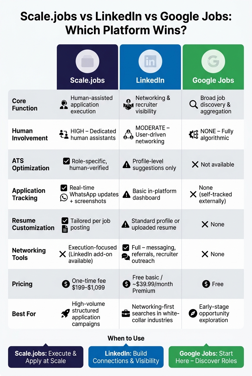 Scale.jobs vs LinkedIn vs Google Jobs: Full Feature Comparison
