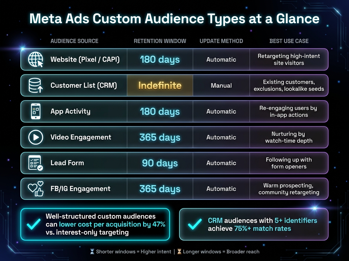 Meta Ads Custom Audience Types: Sources, Windows & Best Use Cases