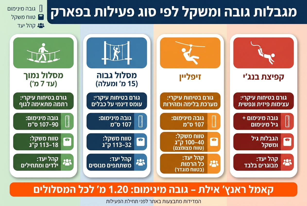מגבלות גובה ומשקל לפי סוג פעילות בפארק חבלים