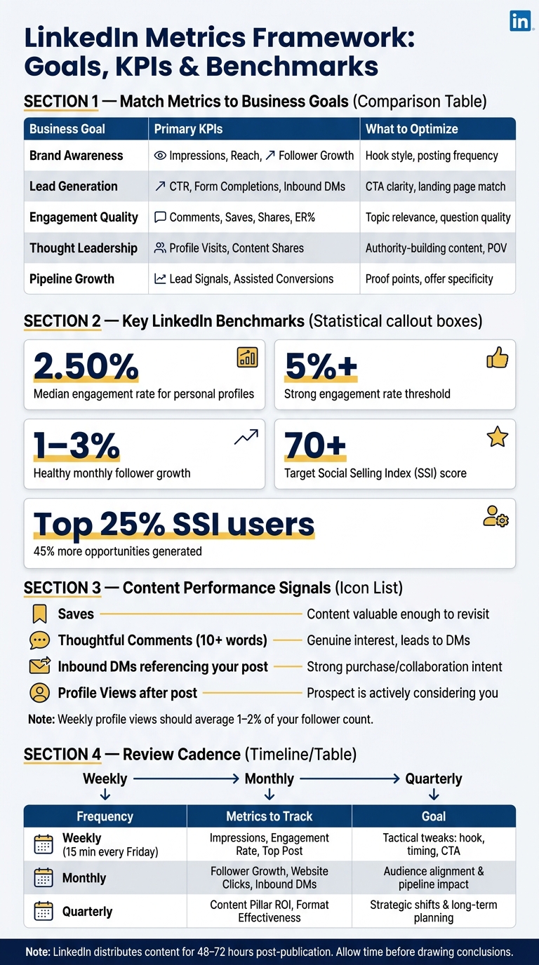 LinkedIn Metrics by Business Goal: KPIs, Benchmarks & Review Cadence