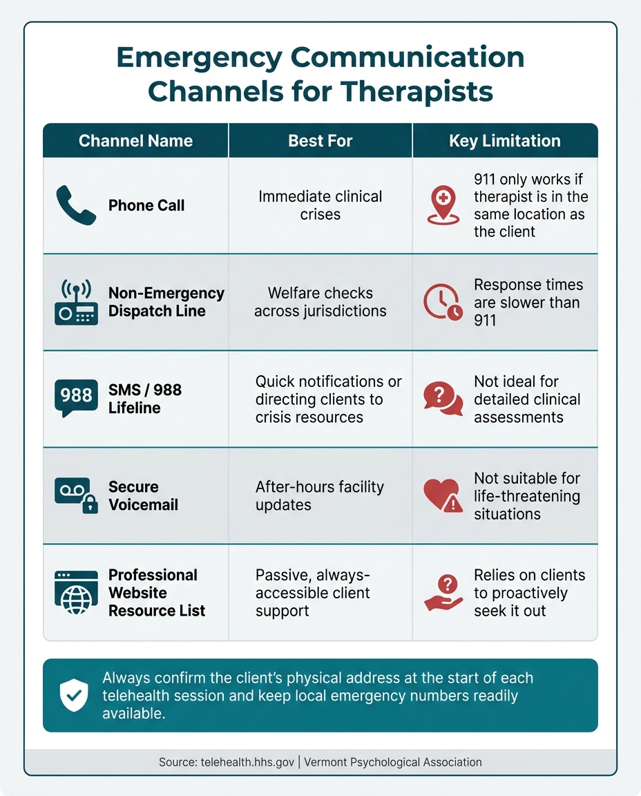 Emergency Communication Channels for Therapists: Best Uses & Limitations