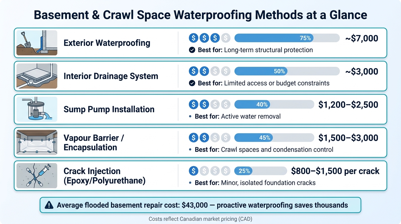 Basement & Crawl Space Waterproofing Methods: Cost & Use Case Comparison