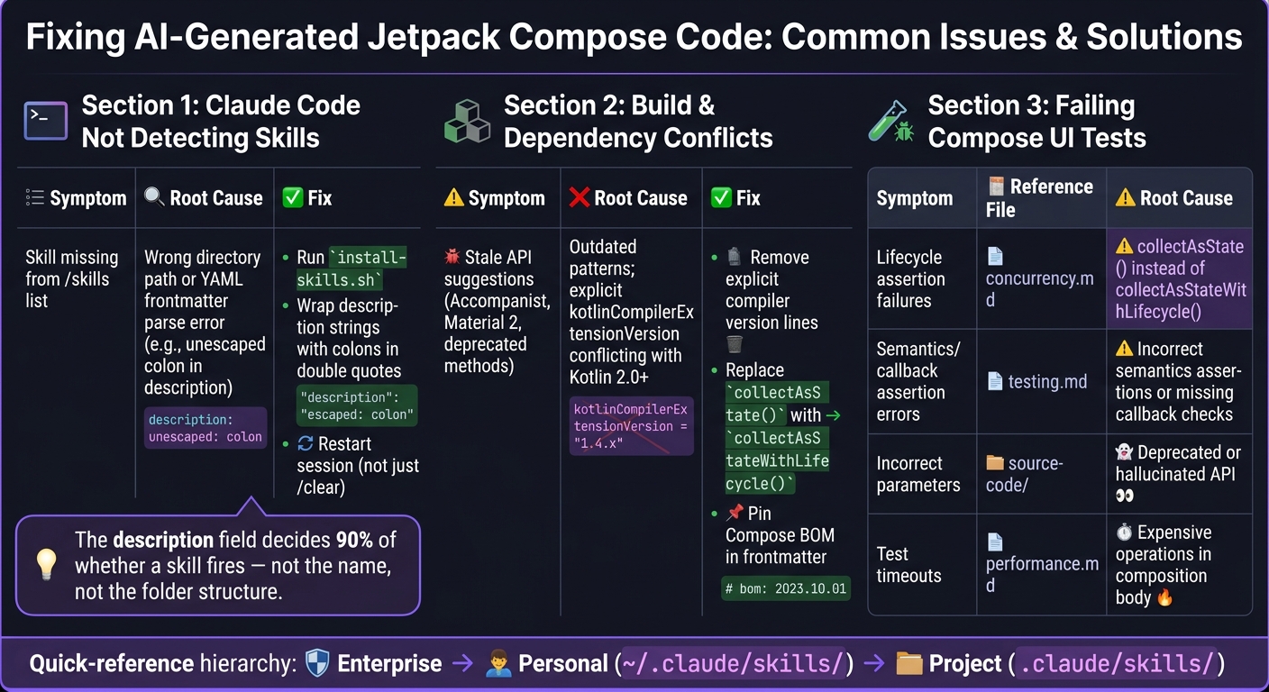 Diagram listing common AI-generated Jetpack Compose issues and the matching skill pack fixes.