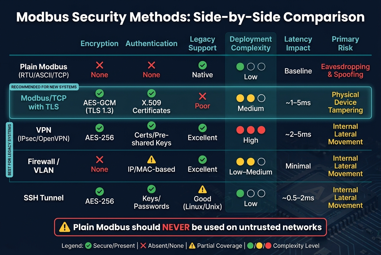 Modbus Security Methods Compared: Encryption, Authentication & Complexity