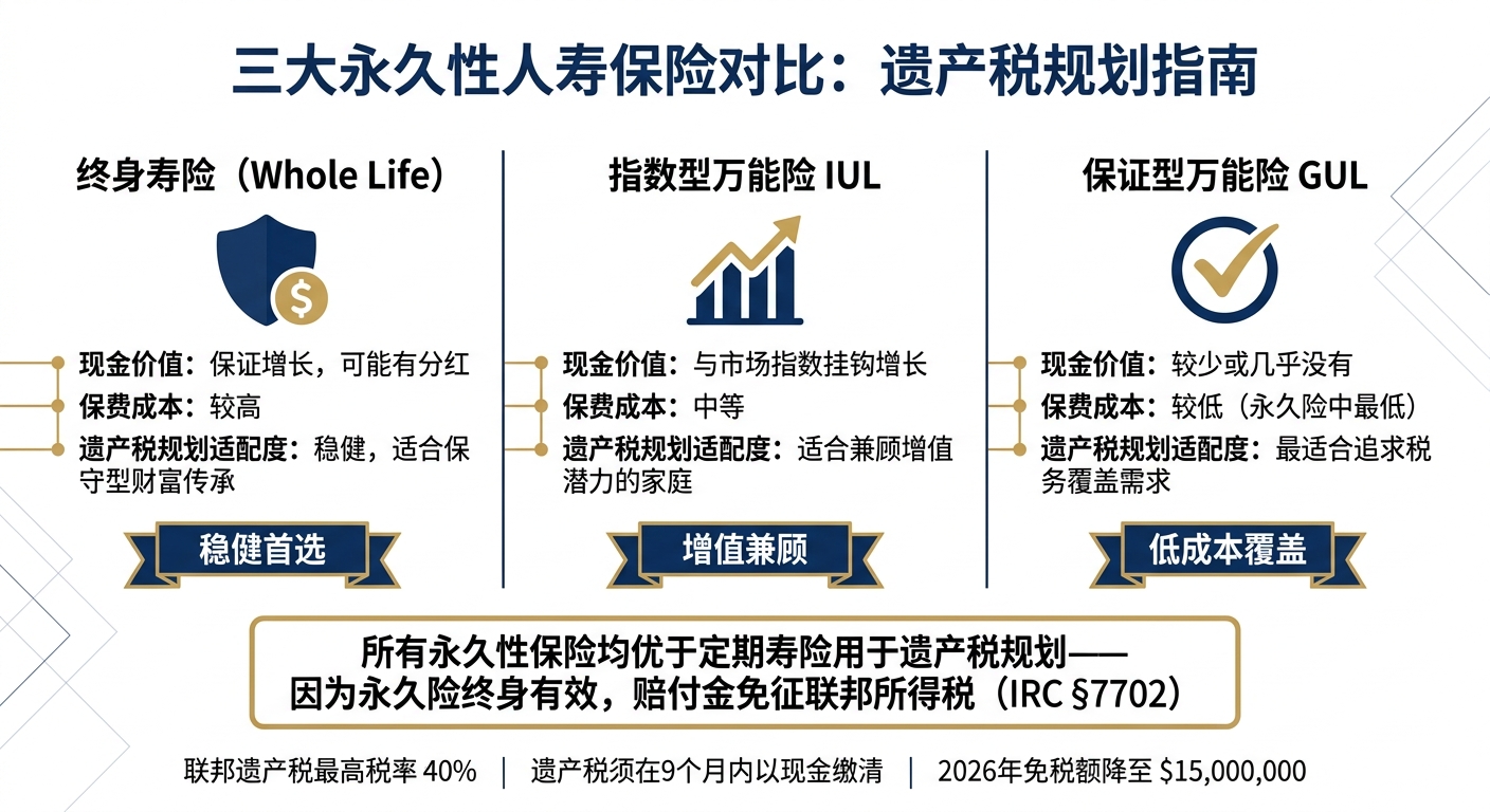 终身寿险 vs IUL vs GUL:遗产税规划险种对比
