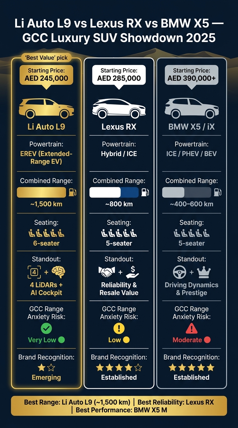 Li Auto L9 vs Lexus RX vs BMW X5: GCC Luxury SUV Showdown 2025