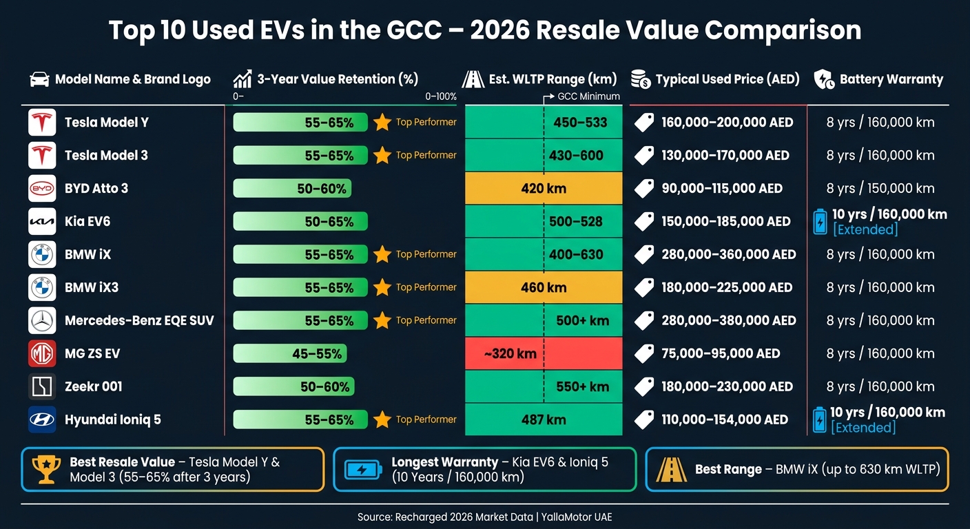 Top 10 Used EVs for GCC: Resale Value, Range & Warranty Compared (2026)