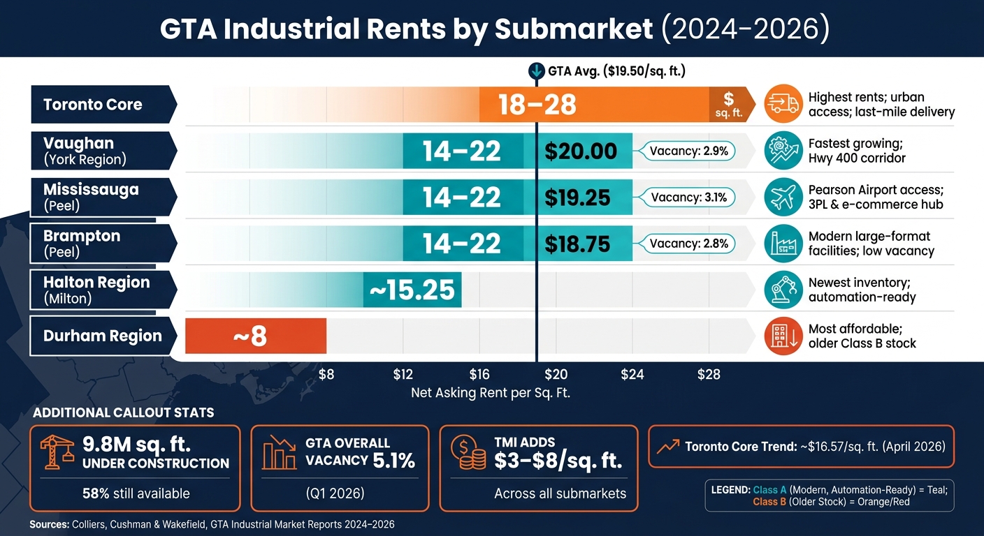GTA Industrial Rents by Submarket 2024–2026