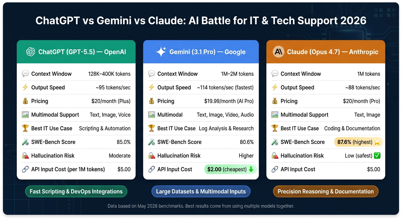ChatGPT vs Gemini vs Claude: AI Model Comparison for IT & Tech Support 2026