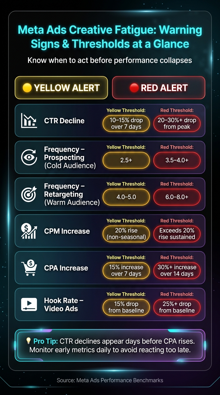 Meta Ads Creative Fatigue: Warning Signs & Thresholds at a Glance