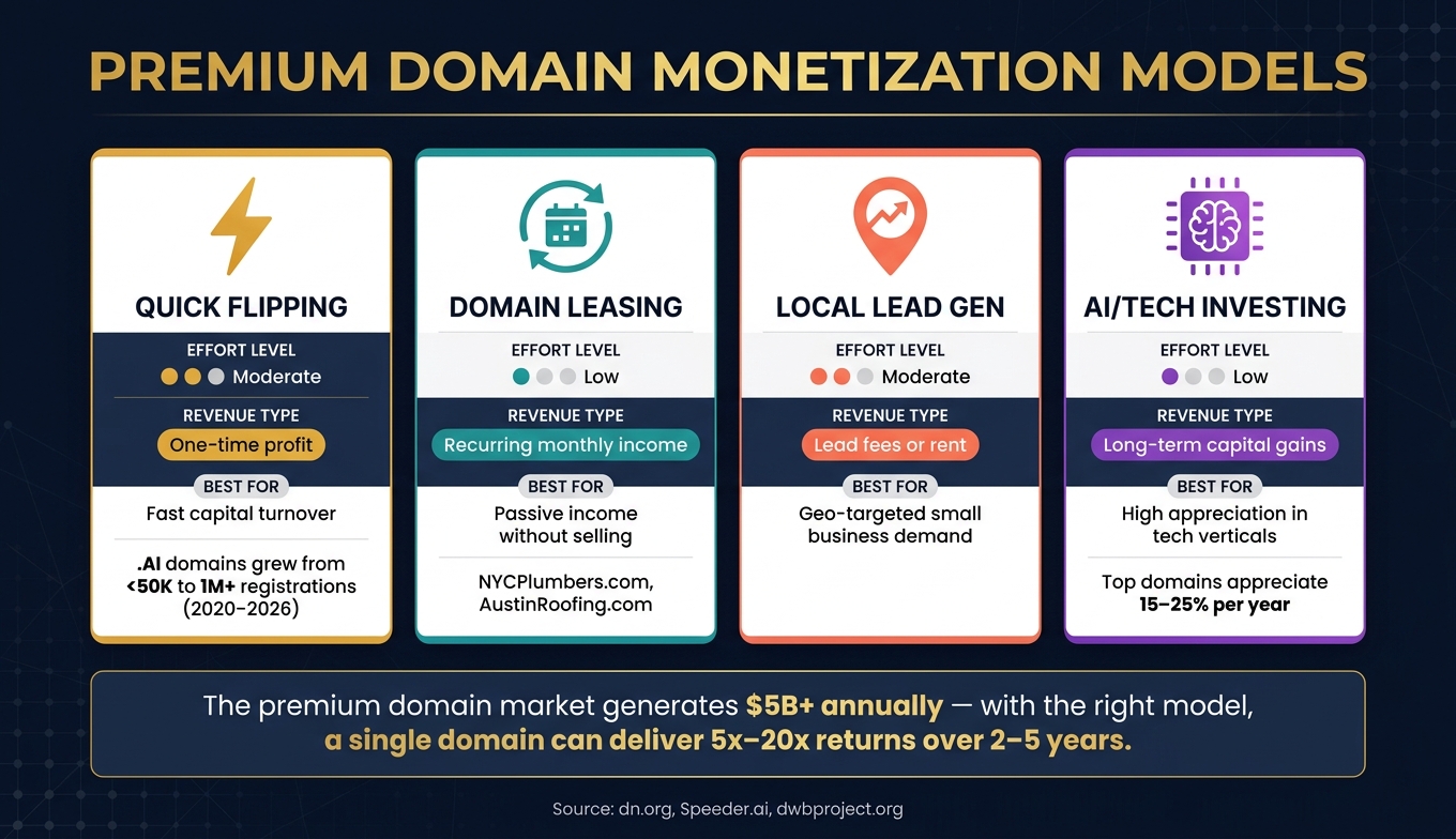 Premium Domain Monetization Models: Effort, Revenue & Best Use Cases