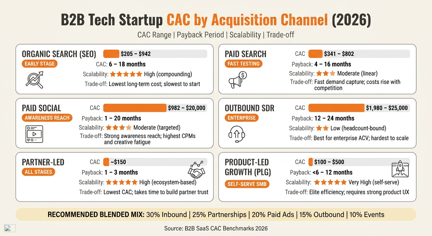 B2B Tech Startup CAC by Acquisition Channel (2026)