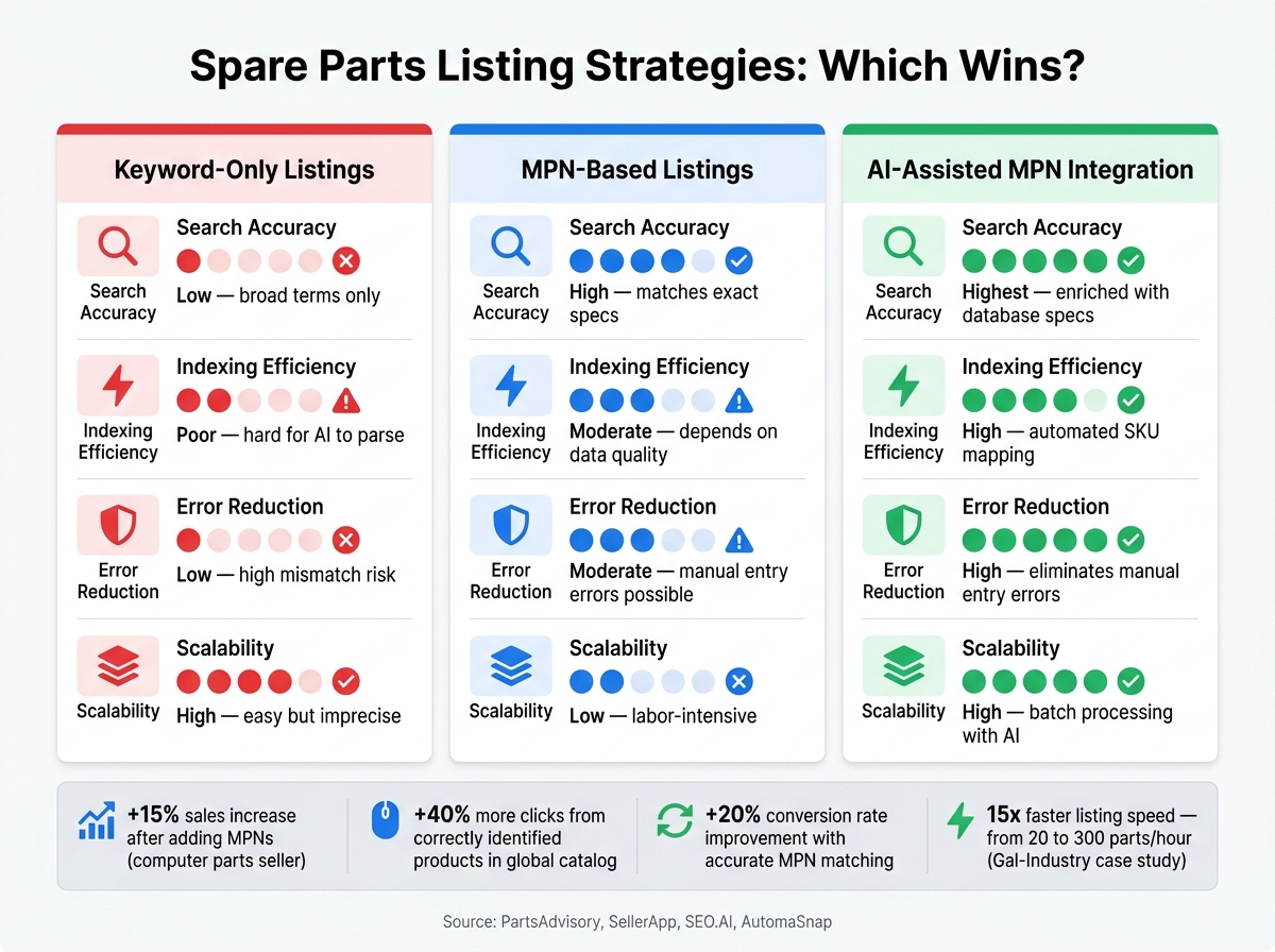 MPN Listings vs Keyword-Only vs AI-Assisted: Spare Parts Search Performance Compared