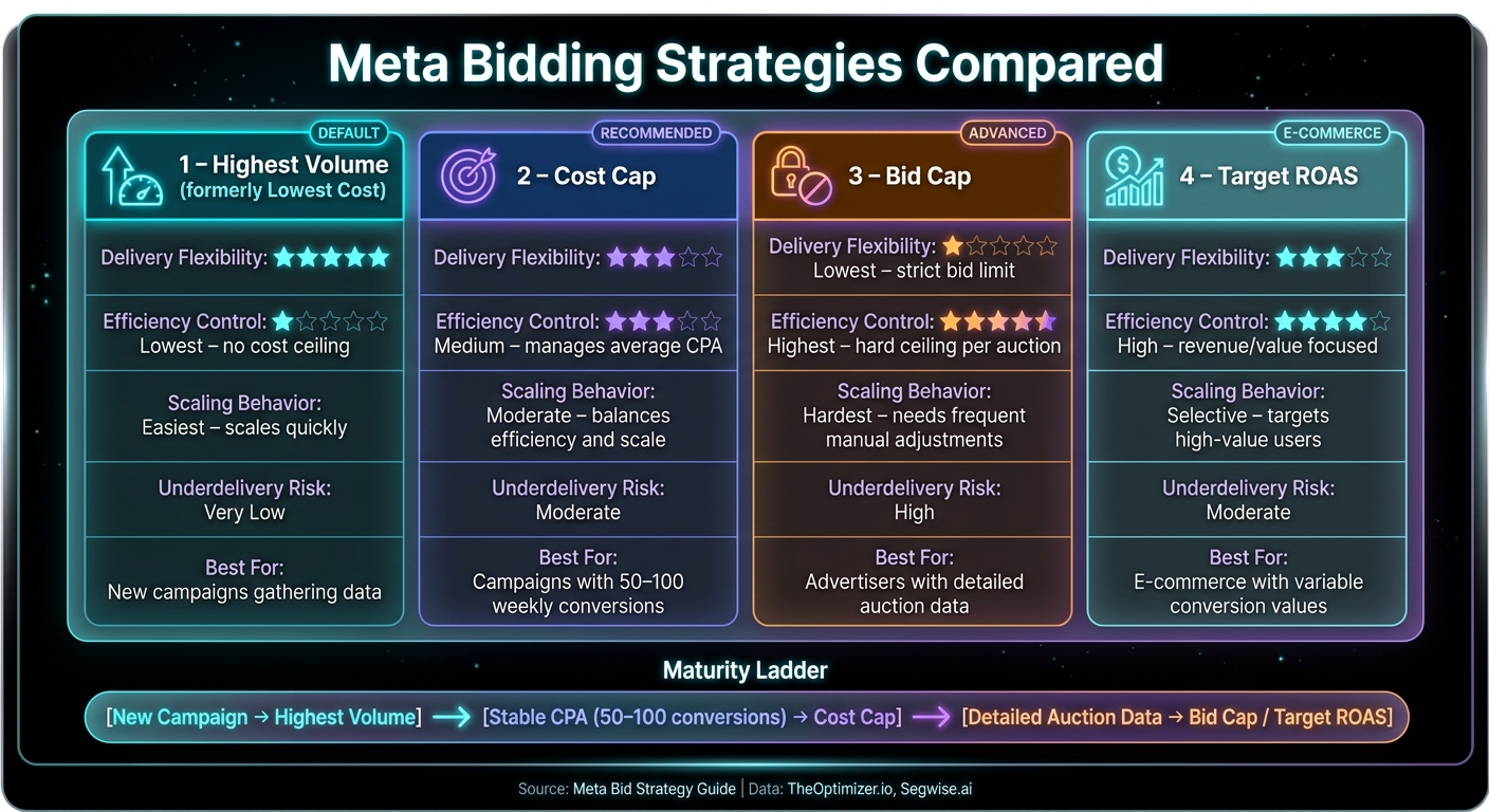 Meta Bidding Strategies Compared: Cost Cap vs Highest Volume vs Bid Cap vs Target ROAS