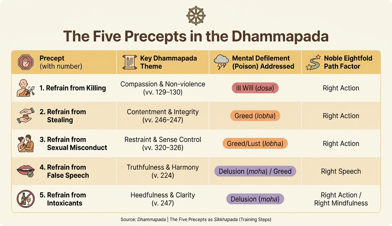 The Five Precepts: Dhammapada Themes, Mental Poisons & Eightfold Path