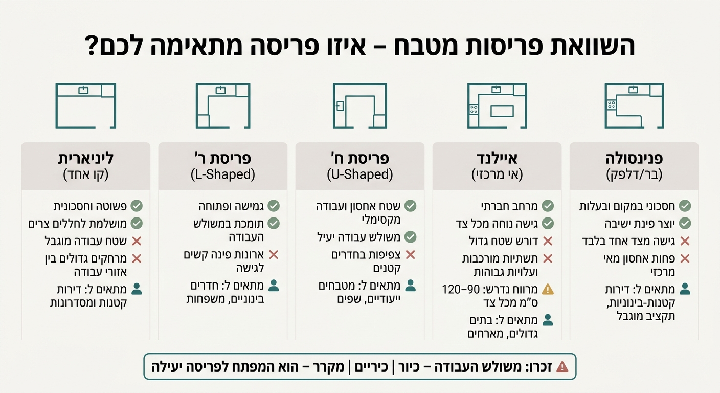 השוואת פריסות מטבח: יתרונות, חסרונות והתאמה לחלל