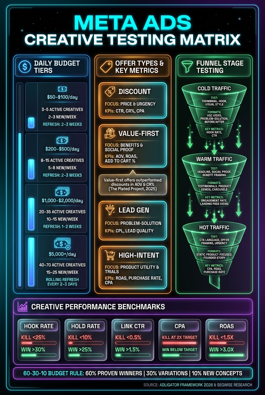 Meta Ads Creative Testing Matrix: Budget, Offer & Funnel Stage Guide