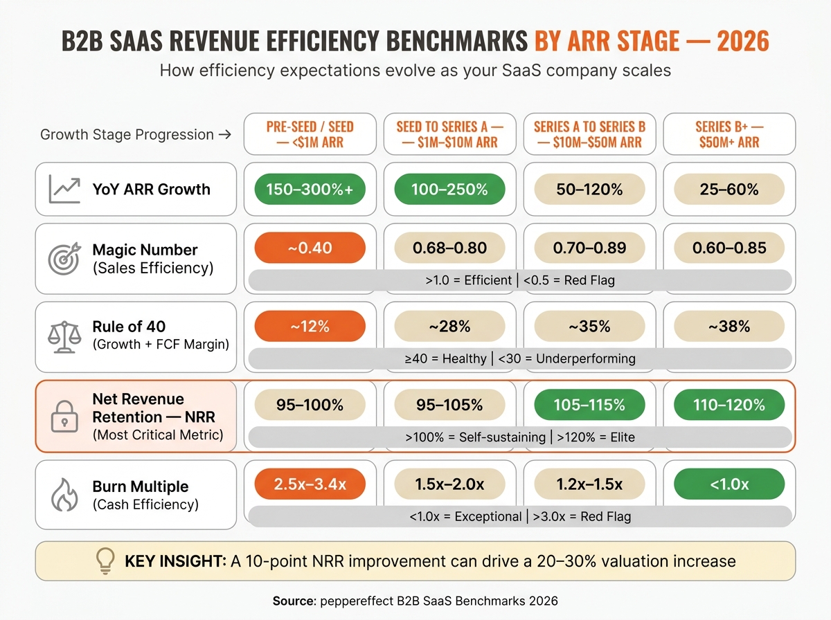 B2B SaaS Revenue Efficiency Benchmarks by ARR Stage 2026