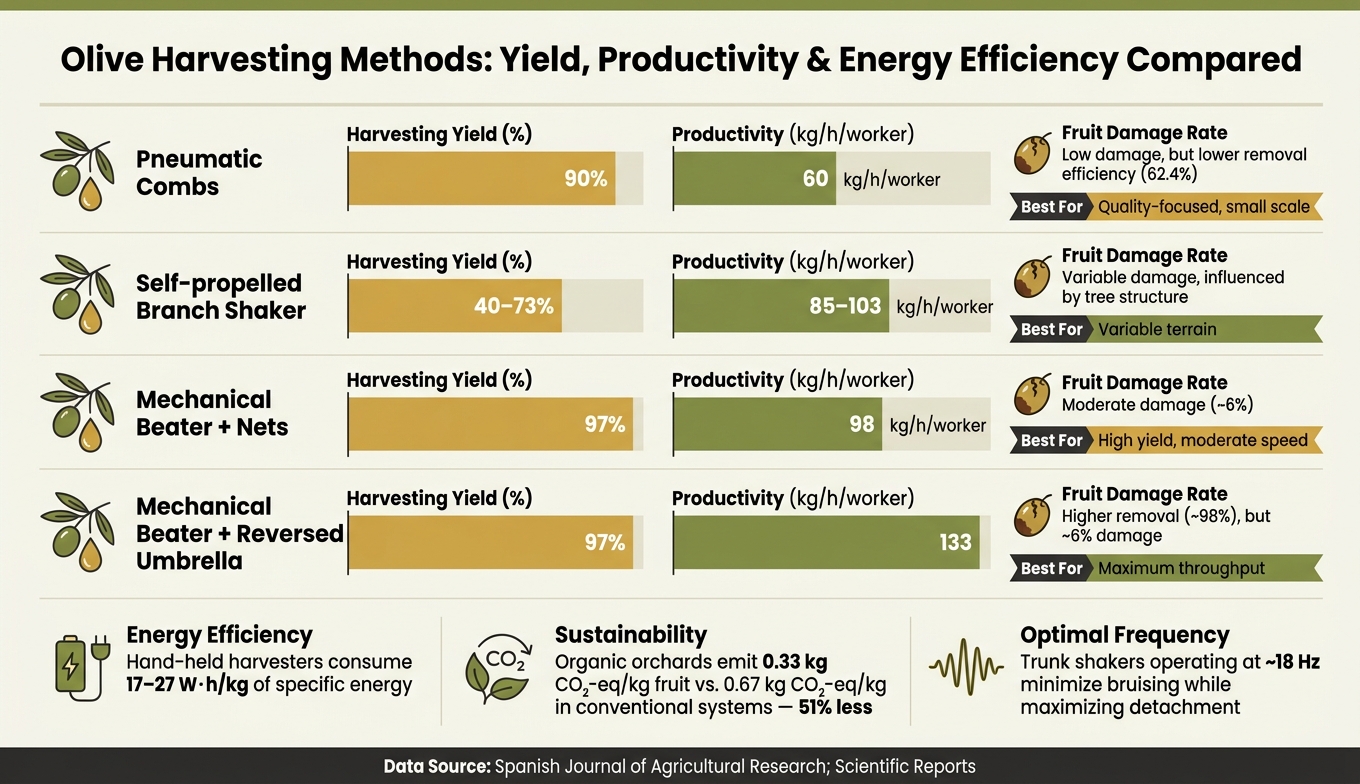 Olive Harvesting Methods: Yield, Productivity & Energy Efficiency Compared