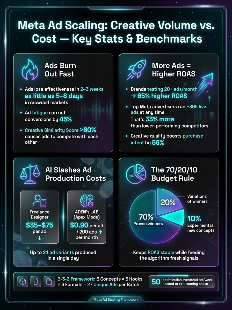 Meta Ad Scaling: Creative Volume vs. Cost  -  Key Stats & Benchmarks
