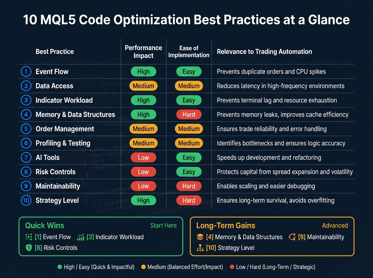 10 MQL5 Code Optimization Best Practices: Impact, Effort & Relevance