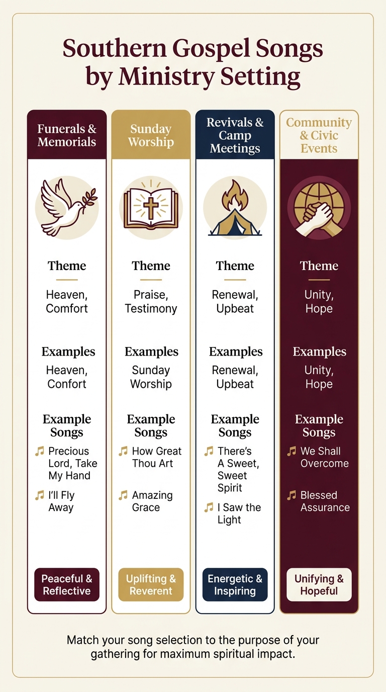 Southern Gospel Songs by Ministry Setting: A Quick Reference Guide