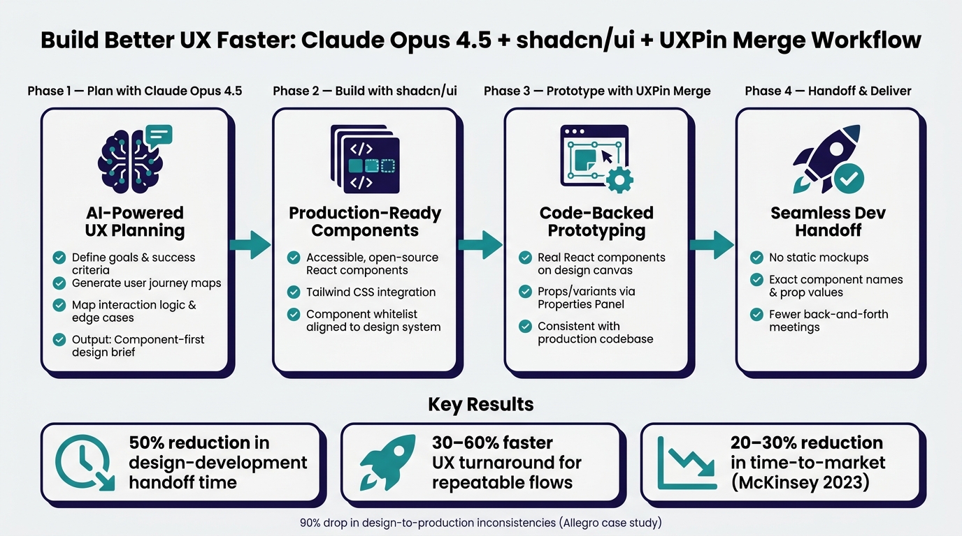 Claude Opus 4.5 + shadcn/ui + UXPin Merge: UX Workflow at a Glance