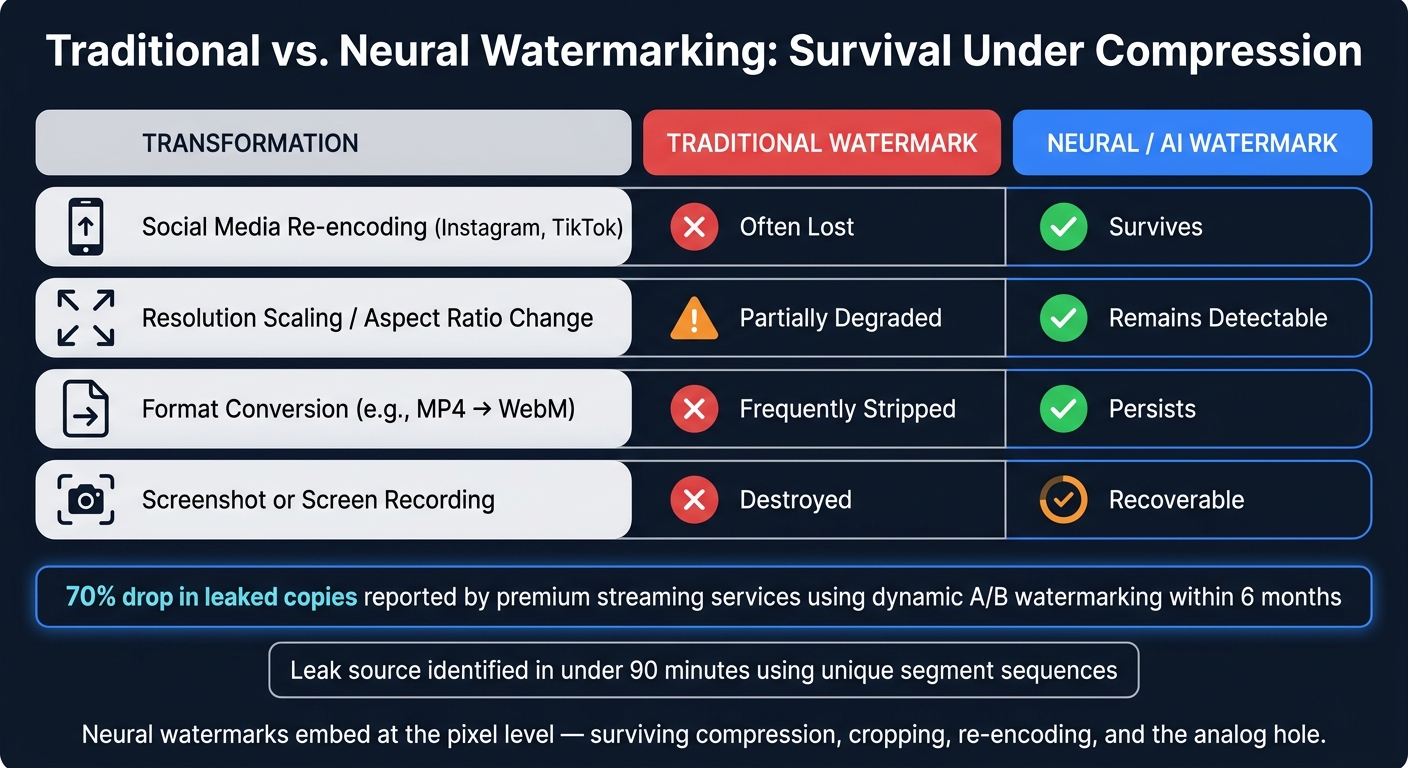 Traditional vs. Neural Watermarking: Survival Under Compression