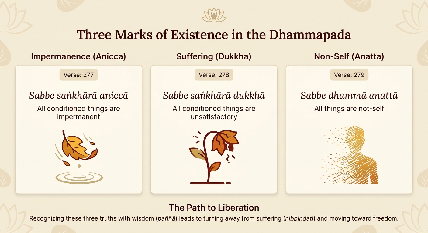 Three Marks of Existence: Key Dhammapada Verses on Impermanence & Suffering