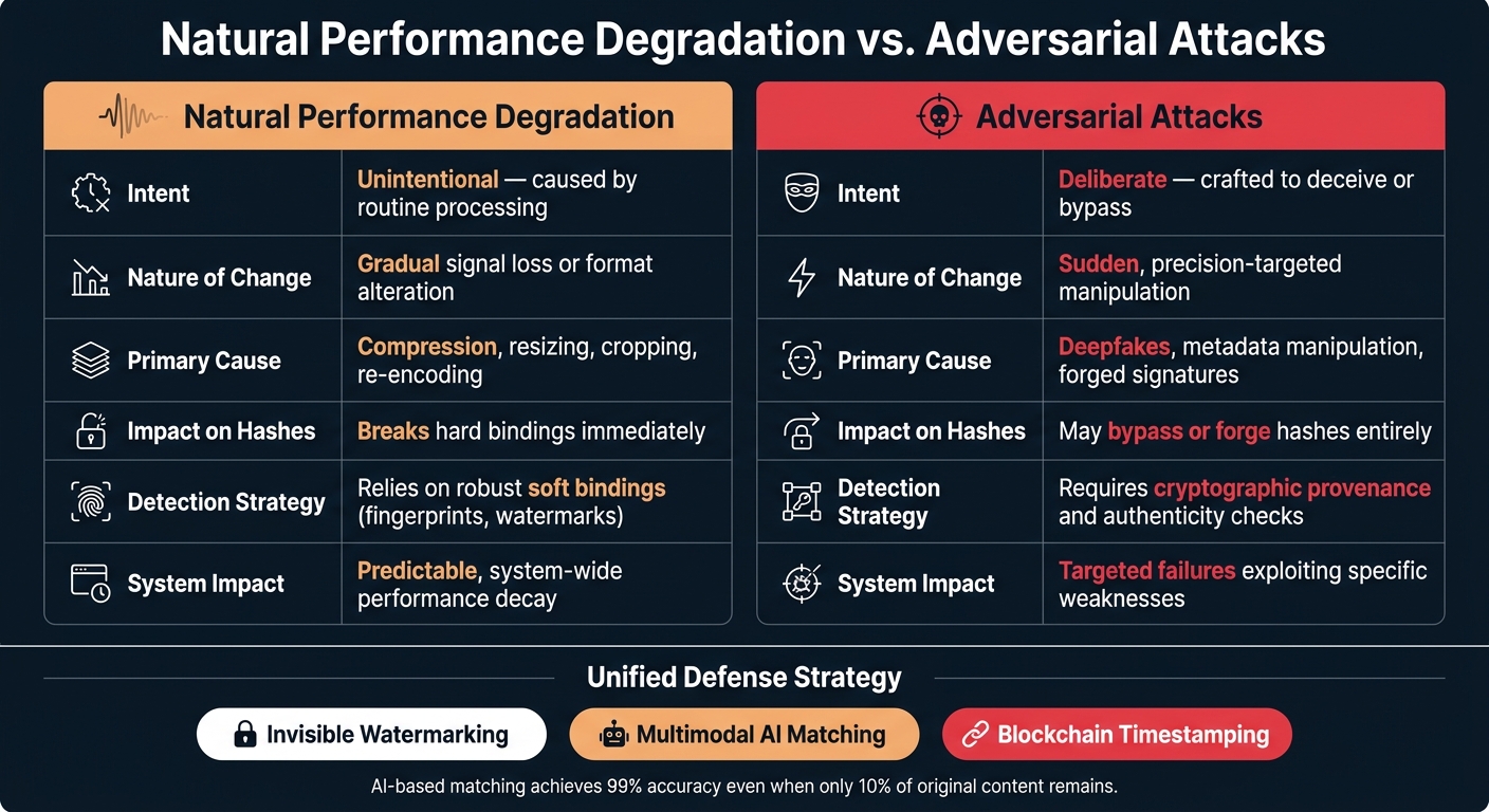 Natural Performance Degradation vs. Adversarial Attacks: Key Differences