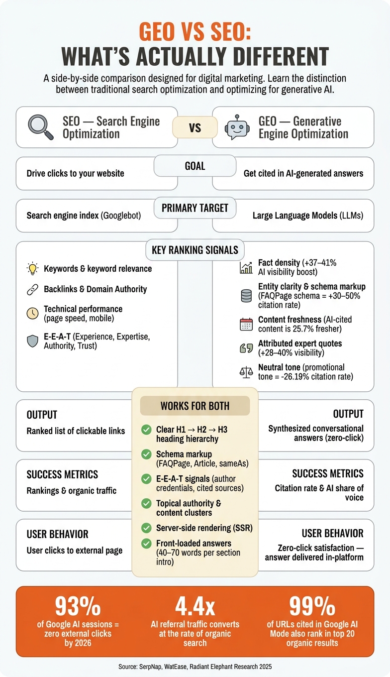 GEO vs SEO: Key Signals, Tactics & Metrics Compared