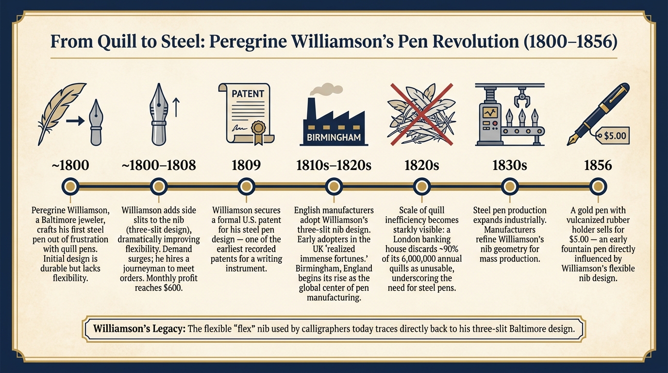 From Quill to Steel: Peregrine Williamson's Pen Revolution (1800–1856)