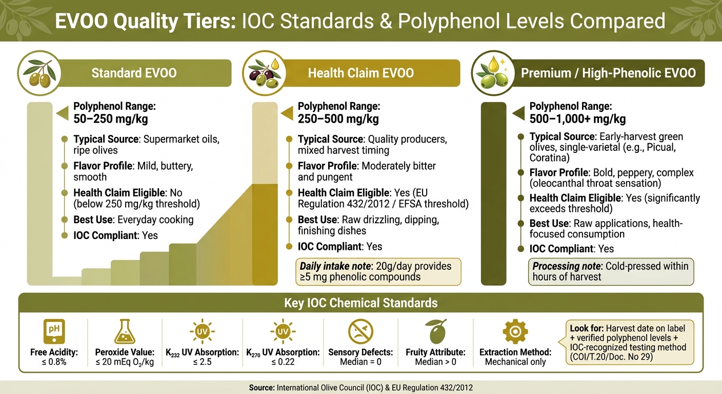 EVOO Quality Tiers: IOC Standards & Polyphenol Levels Compared