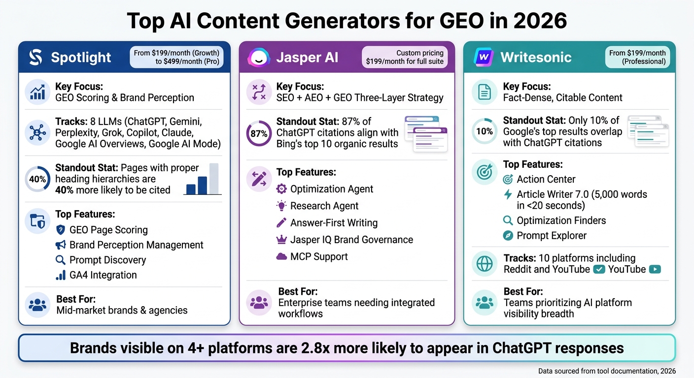 Top AI Content Generators for GEO: Spotlight vs Jasper AI vs Writesonic (2026)