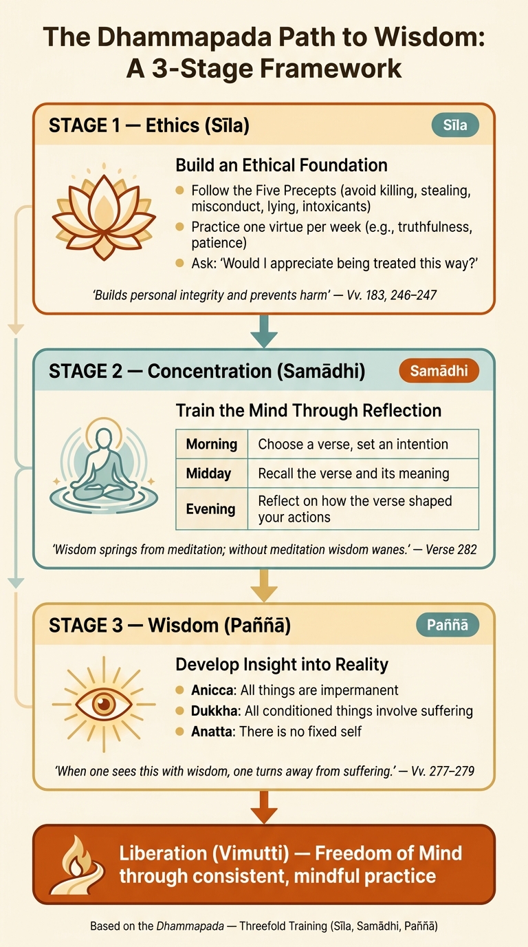 The Dhammapada Path to Wisdom: A 3-Stage Framework