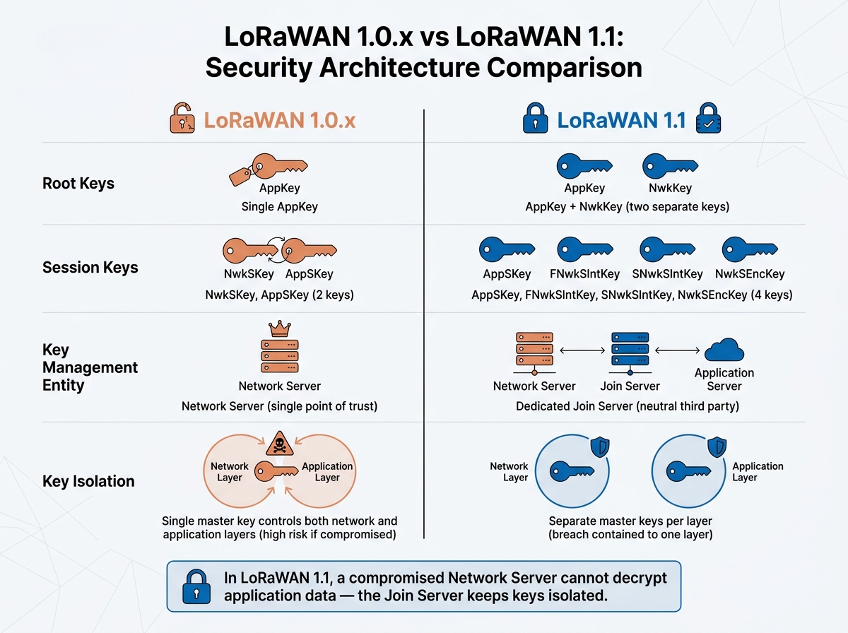 LoRaWAN 1.0 vs 1.1 Security: Key Differences Explained