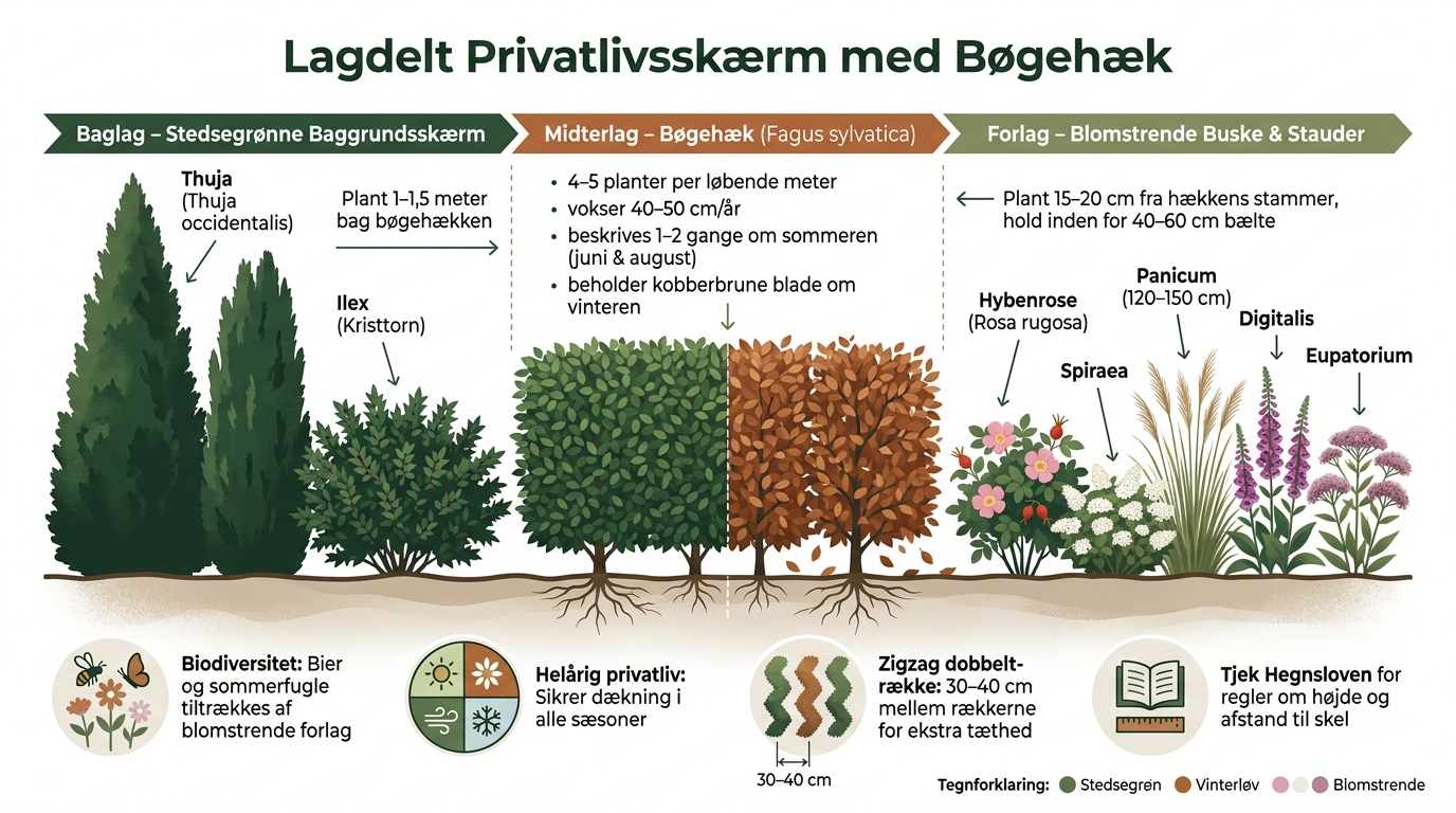Lagdelt Privatlivsskærm med Bøgehæk – Planter i 3 Lag
