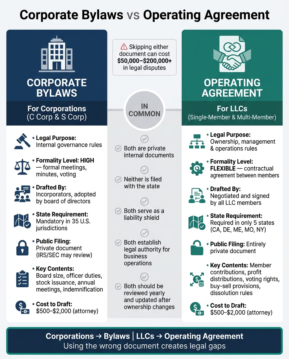 Corporate Bylaws vs Operating Agreement: Side-by-Side Comparison