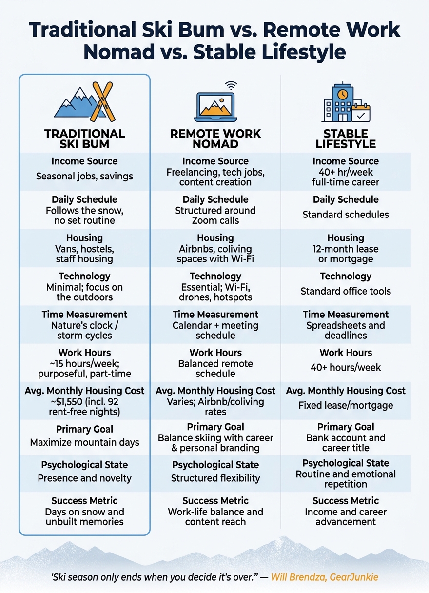 Traditional Ski Bum vs. Remote Work Nomad vs. Stable Lifestyle