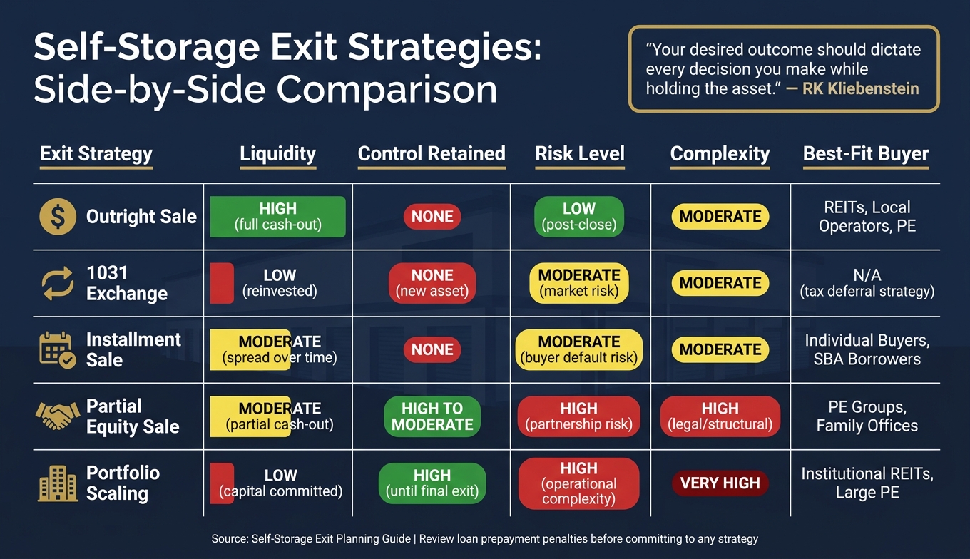 Self-Storage Exit Strategies Compared: Liquidity, Risk & Control