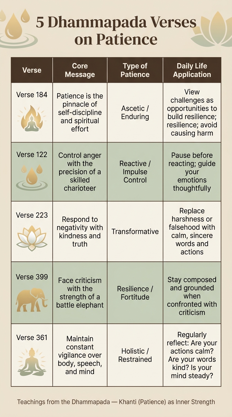 5 Dhammapada Verses on Patience: Core Teachings at a Glance